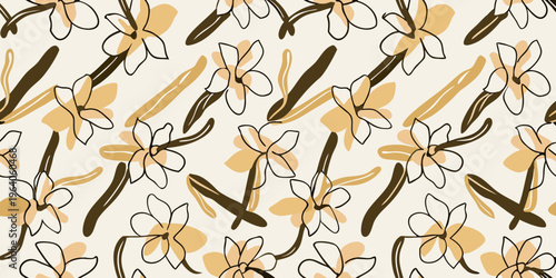 Abstract floral pattern with vanilla bean pods and delicate white blossoms