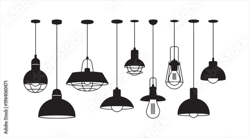 Hanging lamp silhouette icon collection, modern pendant lighting fixtures isolated on white background, interior design and home decor illustration set