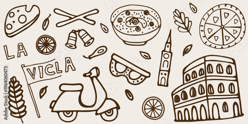 Italy themed doodles food landmarks and travel elements in brown