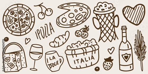 A charming doodle collection featuring italian food sweets and celebratory items