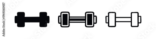 Gym Dumbbell Weight Icon Set. Exercise and strength training equipment symbol in black and white styles.