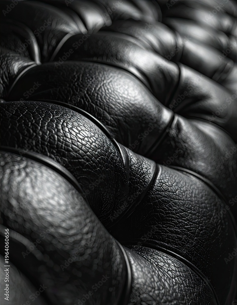 Fototapeta premium A close-up, detailed shot showcases the luxurious texture and deep folds of black tufted leather.