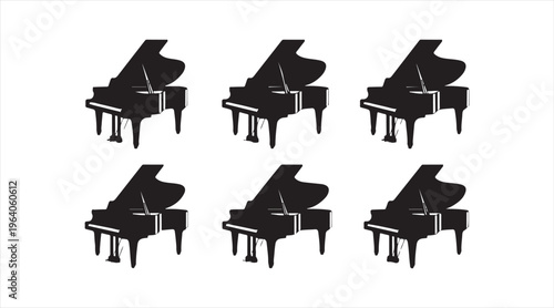 Black grand piano icon set isolated on white, classical music instrument symbols, performance and entertainment illustration collection