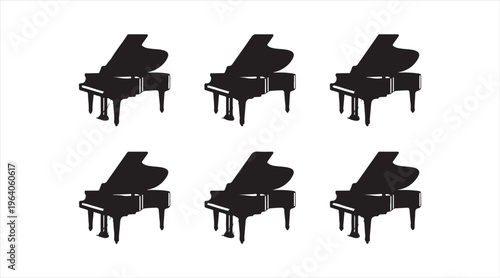 Set of grand piano icons in black silhouette, elegant classical music instrument illustrations, concert performance and artistic design concept