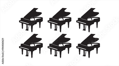 Grand piano silhouette icon collection, black musical instrument symbols isolated on white background, classical concert and performance illustration set
