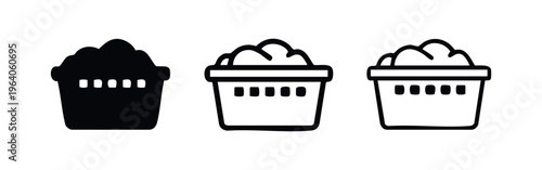 Laundry basket with dirty clothes icon set.