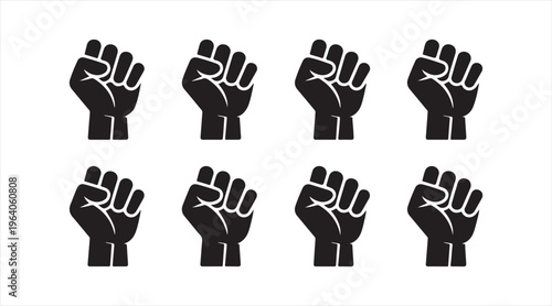 Black raised fist icon set, powerful protest gesture symbols, unity and resistance illustration isolated background, social movement graphic design