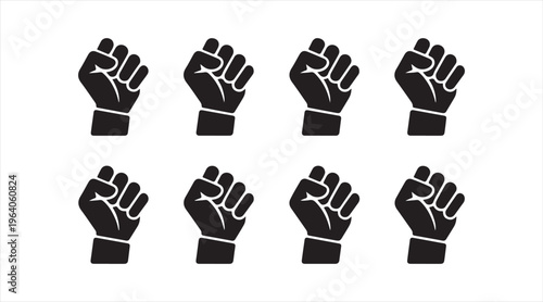 Raised fist symbol collection in black silhouette, protest and unity icons isolated on white background, activism and strength concept illustration set