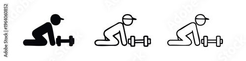 Man kneeling and lifting a dumbbell icon set, fitness and strength training symbol in multiple styles.
