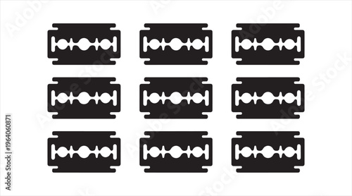 Minimal razor blade icon set, black silhouette cutting tools isolated on white background, barber equipment symbol collection, sharp edge concept illustration