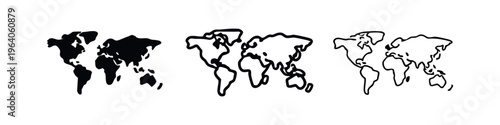World map icon set, global travel and geography symbol in solid and outline styles.