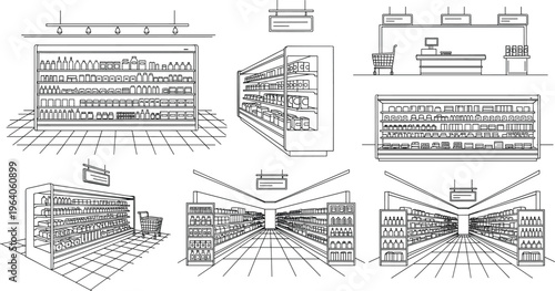 Modern supermarket interior line art collection featuring grocery shelves, retail store aisles, checkout counter, and shopping carts for commerce