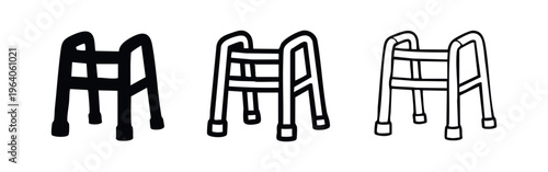 Elderly Walking Frame Icon Set. Medical Mobility Aid Walker Symbol Collection. Disability Support Equipment Vector Graphics.