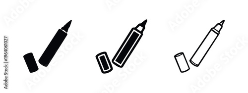 Marker Pen and Cap Icon Set. Writing Instrument or Eyeliner Cosmetic Tool Vector Symbols. Opened Stationery Outline Graphics.