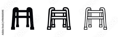 Front View Elderly Walker Icons. Healthcare Mobility Aid Symbol Collection. Orthopedic Walking Frame Vector Set for Rehabilitation.