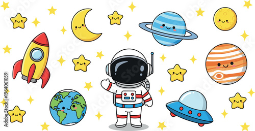 Cute space cartoon collection with astronaut planets rocket stars galaxy elements colorful kids nursery vector illustration set