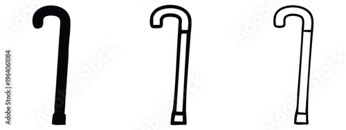Classic Walking Stick and Cane Icon Set. Mobility Aid Support Vector Symbols. Elderly Assistance Outline Graphics for Healthcare.