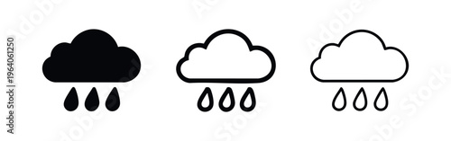 Rain cloud with raindrops icon set. Weather and water symbols.