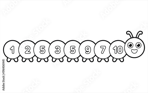 Black and white caterpillar line with numbers inside circular body segments