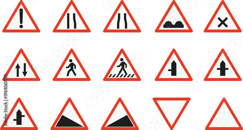 Set of triangular road warning signs with traffic symbols isolated on white background