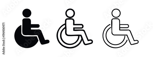 Accessibility icon set. Person in wheelchair symbol in black and outline styles. Disability and special needs sign.