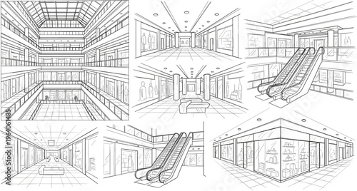 Modern shopping mall interior vector illustration set featuring architectural sketches of store fronts escalators and empty retail hallways