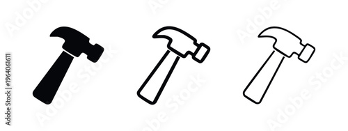 Hammer tool icon set. Construction and repair instrument symbol in black and outline styles. Handyman and building concept.