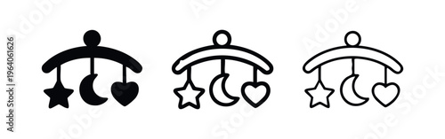 Baby Crib Mobile Icon Set with Star, Moon, and Heart
