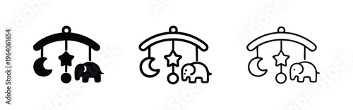 Baby Crib Mobile Icon Set with Star, Moon, and Elephant