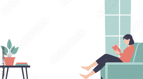 A woman relaxing on a sofa with a book in her hands, enjoying a quiet moment of reading and leisure in a modern living room with a potted plant and window