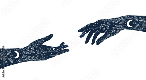 Reaching hands with crescent moon tattoos.