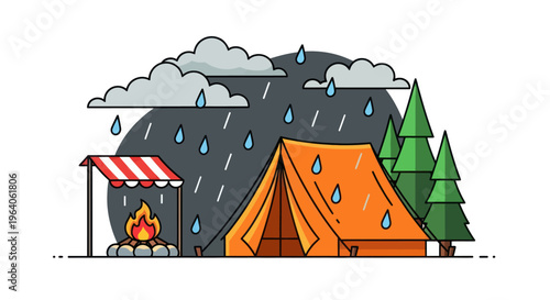 Orange tent in the rainy outdoors.