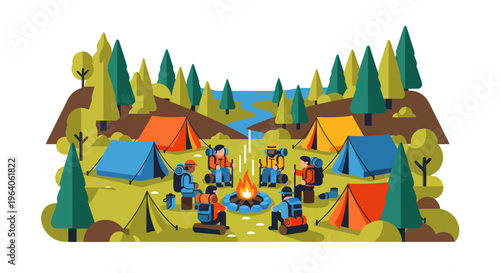 Colorful tents in a campsite scene.
