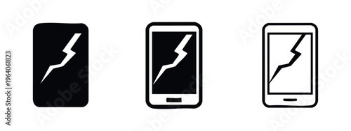 Broken smartphone icon set. Cracked screen mobile phone symbol in solid, outlined bold, and outlined thin styles. Damaged cell phone pictogram.
