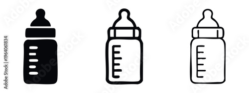 Baby feeding bottle icon set. Infant milk bottle symbol in solid, outlined bold, and outlined thin styles. Newborn nutrition pictogram.