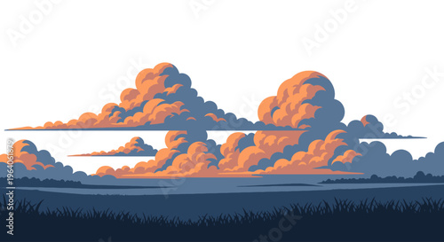 Clouds at sunset over landscape horizon.