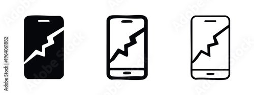 Cracked smartphone screen icon set. Broken mobile device symbol in solid, outlined bold, and outlined thin styles. Damaged cell phone pictogram.