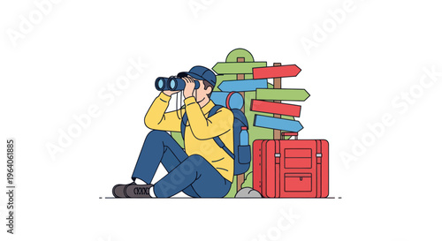 Man looking through binoculars sitting down.