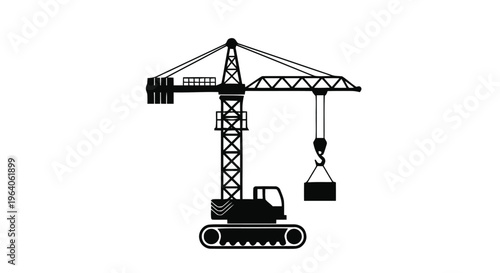 Vector illustration of silhouette of a crawler crane with a load on a hook