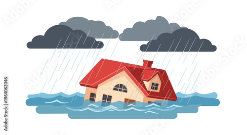 House Partially Submerged in Flood Water.