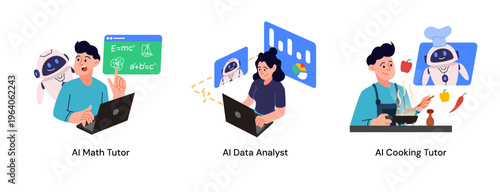 A professional illustration set of AI collaboration in solving complex math, analyzing business growth charts, and providing digital cooking guidance.