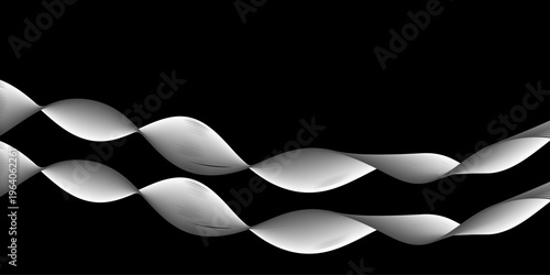 An abstract black and white background featuring a metallic silver wave design that creates a concept of flowing smoke with a steel kitchen utensil tool and spoon