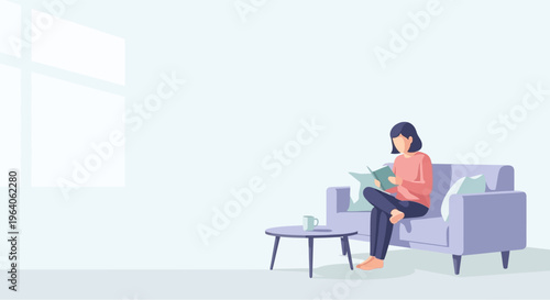 A young woman relaxing on a comfortable sofa, engrossed in a book, with a small coffee table and a cup nearby, embodying a moment of peaceful leisure at home