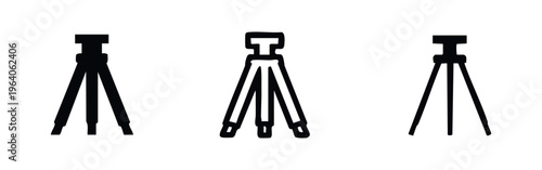 Camera Tripod Stand Icons, Photography Equipment Vector Symbols, Adjustable Tripod Outline and Solid Design