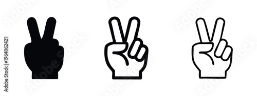 Peace sign hand gesture icons set. Victory symbol with two fingers in solid, outline, and line art styles.