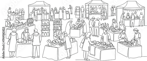black and white drawing of a busy market scene
