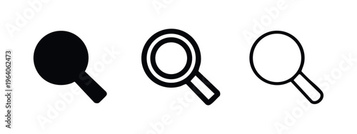 Search and zoom icons set featuring magnifying glasses in different styles, isolated on white.
