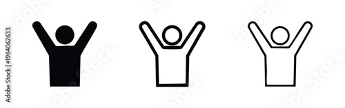 Person with raised hands icon set. Silhouette and outline symbol for celebration, success, or asking on white background.