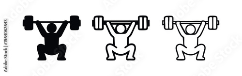 Weightlifting icon set. Person squatting with barbell overhead silhouette and outline symbol on white background.