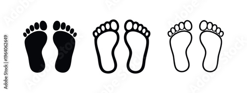 Human footprint icon set. Barefoot silhouette and outline symbol collection on white background.